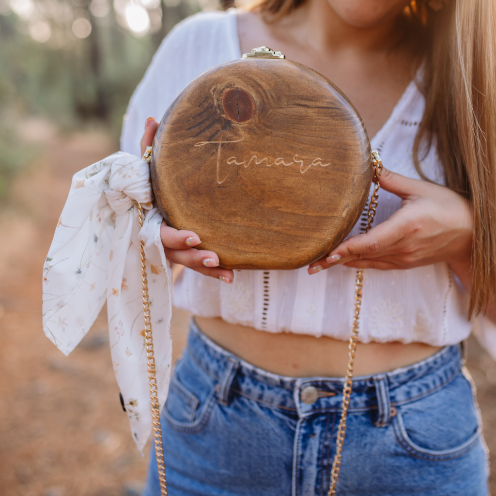 Bolso de madera personalizado nombre